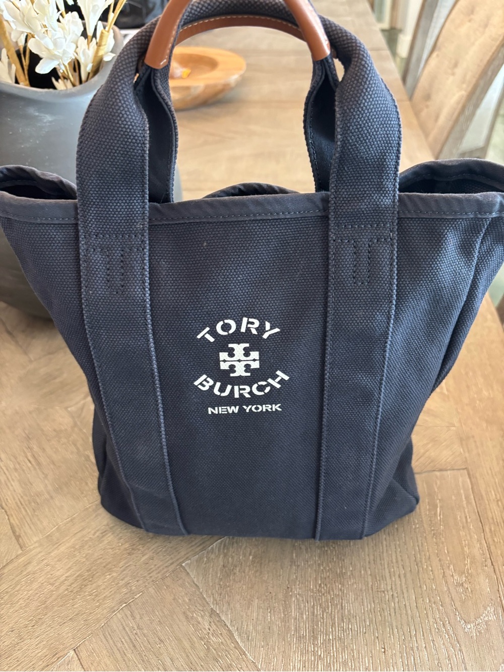 Tory Burch Navy Canvas Tote with Brown Leather-Wrapped Handles